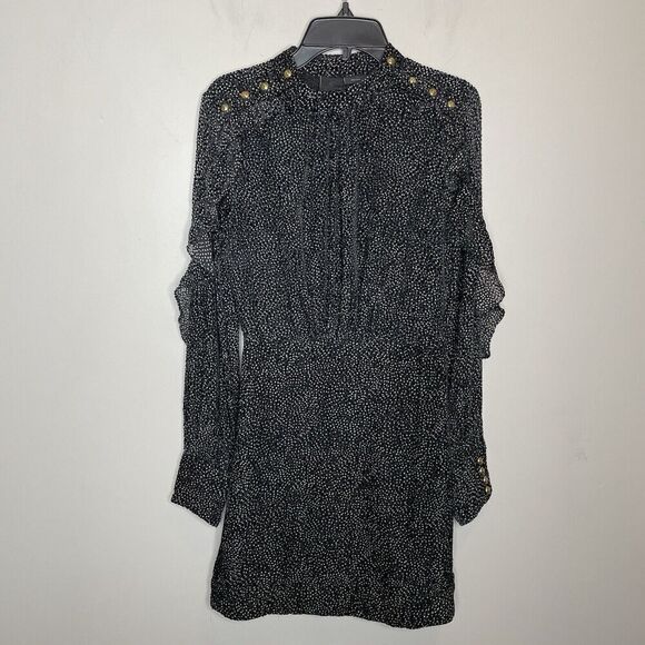 PINKO Mini Dress Women 2 Black Gray Dot Long Sleeve Ruffle Trim Viscose Silk - Picture 2 of 15